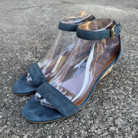 Tory Burch Womens Sz 7.5 Savannah Teal Suede Wedge Ankle Strap Logo Sandal Blue - Picture 1 of 14